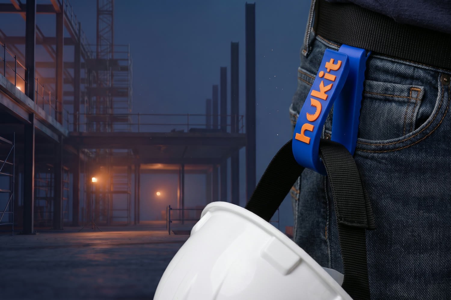 A hard hat headband strap looped through the HUKIT hook