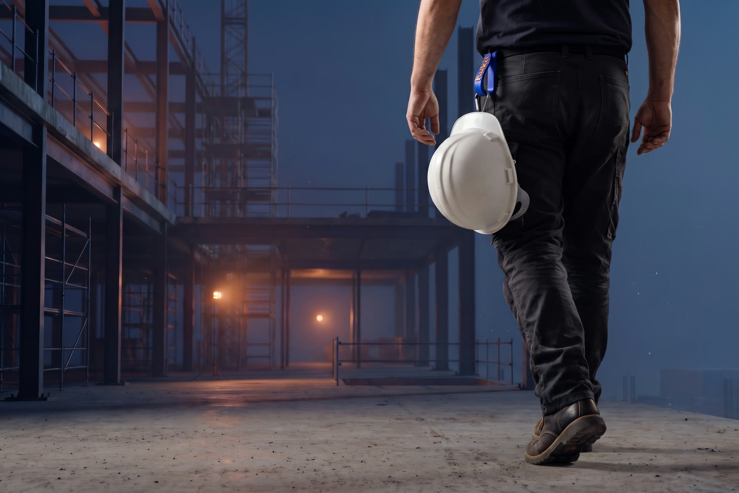 A worker walking away with a hard hat hanging from a HUKIT clip